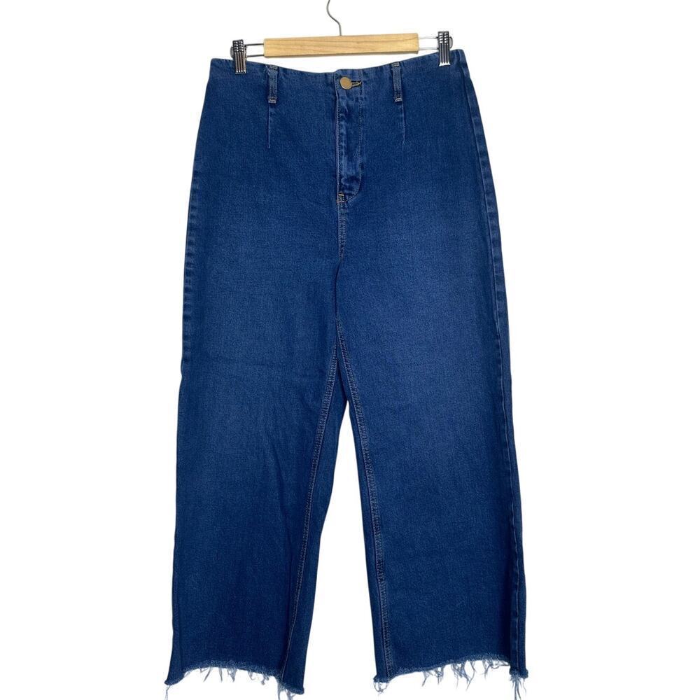 Zara High Rise Wide Leg Jeans Blue Denim Raw Hem Cropped Straight Pants 8